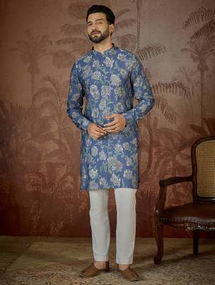 Mens blue silk blend floral printed kurta 2