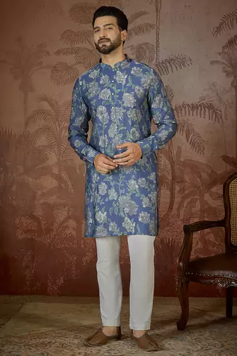 Mens blue silk blend floral printed kurta