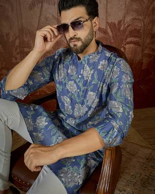Mens blue silk blend floral printed kurta 3