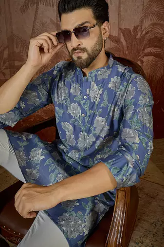 Mens blue silk blend floral printed kurta