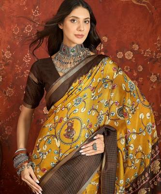 Mustard silk cotton printed saree with unstitched blouse piece. 4