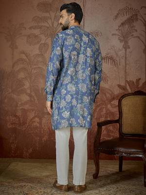 Mens blue silk blend floral printed kurta 4