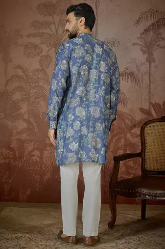 Mens blue silk blend floral printed kurta