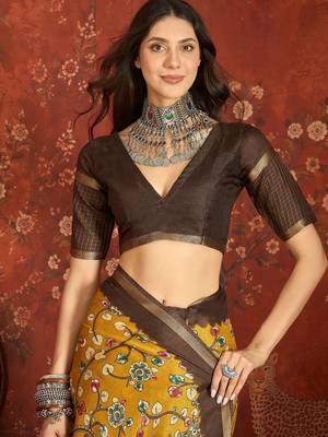 Mustard silk cotton printed saree with unstitched blouse piece. 5