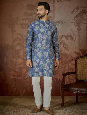 Mens blue silk blend floral printed kurta 5