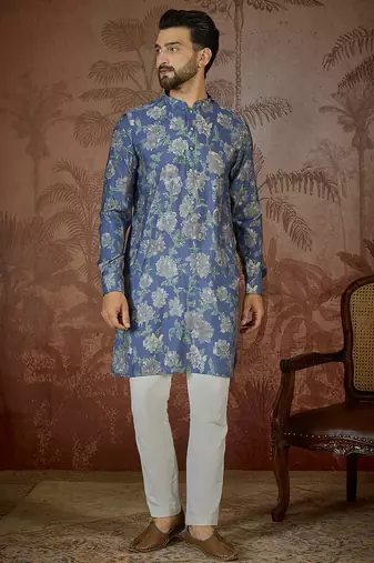 Mens blue silk blend floral printed kurta