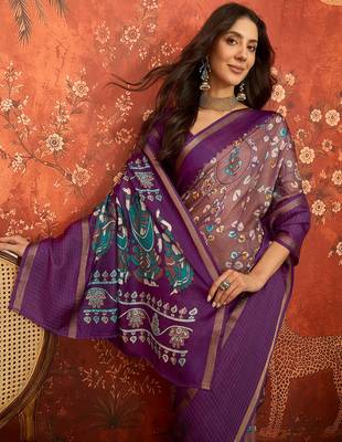 Purple silk cotton printed saree with unstitched blouse piece. 1