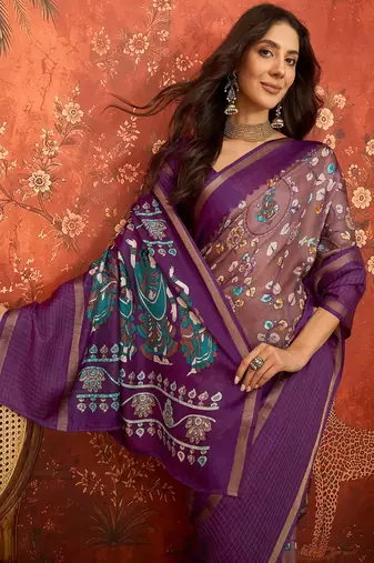 Purple silk cotton printed saree with unstitched blouse piece.