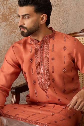 Mens orange silk blend solid embroidered kurta