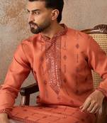 Mens orange silk blend solid embroidered kurta