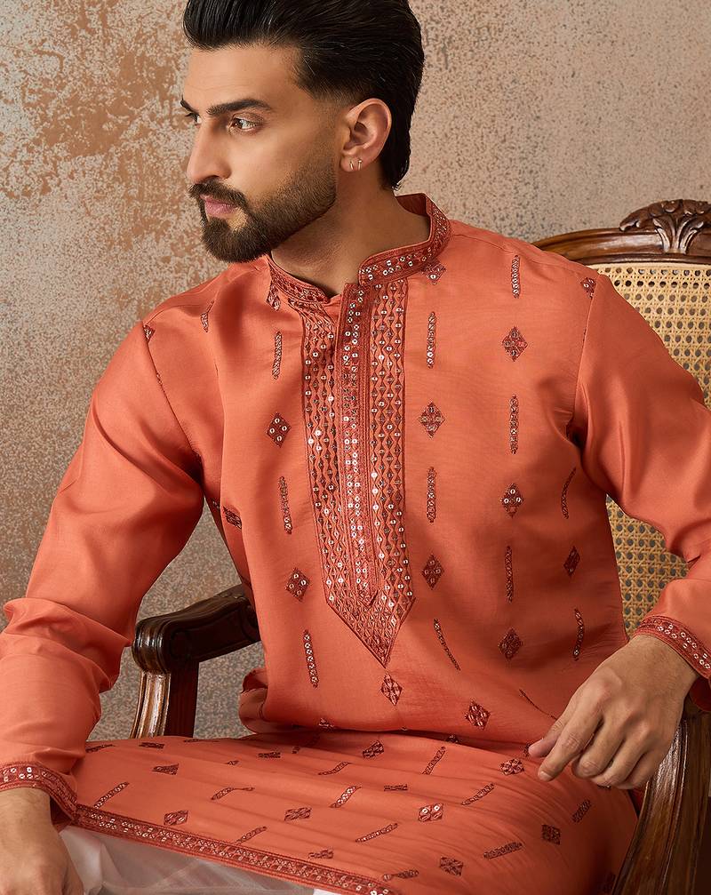Mens orange silk blend solid embroidered kurta