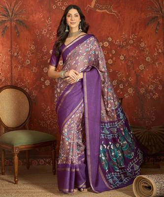 Purple silk cotton printed saree with unstitched blouse piece. 2