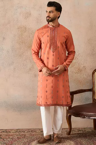 Mens orange silk blend solid embroidered kurta
