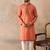 Mens orange silk blend solid embroidered kurta