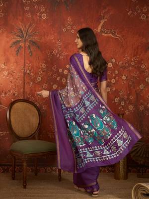 Purple silk cotton printed saree with unstitched blouse piece. 3