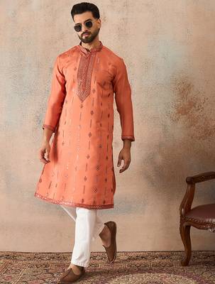 Mens orange silk blend solid embroidered kurta 3