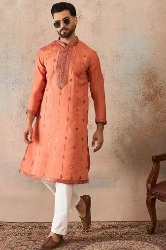 Mens orange silk blend solid embroidered kurta