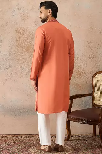 Mens orange silk blend solid embroidered kurta