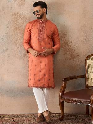 Mens orange silk blend solid embroidered kurta 5