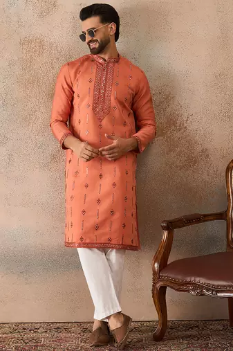 Mens orange silk blend solid embroidered kurta