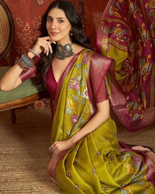 Green silk cotton printed saree with unstitched blouse piece. 1