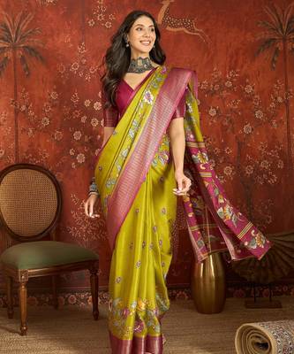 Green silk cotton printed saree with unstitched blouse piece. 2