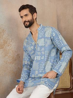Mens blue silk blend solid embroidered kurta 1