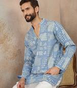 Mens blue silk blend solid embroidered kurta