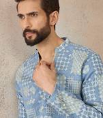 Mens blue silk blend solid embroidered kurta