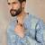 Mens blue silk blend solid embroidered kurta