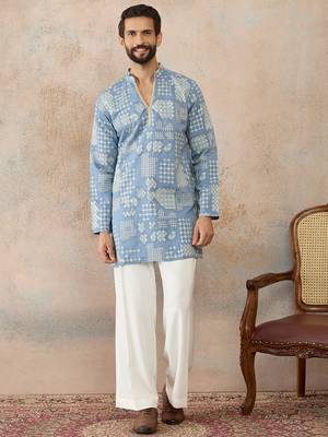 Mens blue silk blend solid embroidered kurta 2