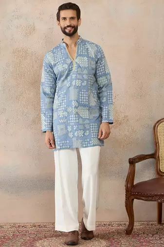 Mens blue silk blend solid embroidered kurta