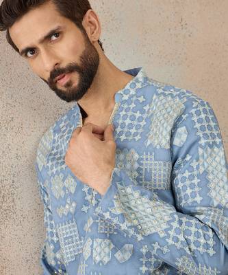Mens blue silk blend solid embroidered kurta 3