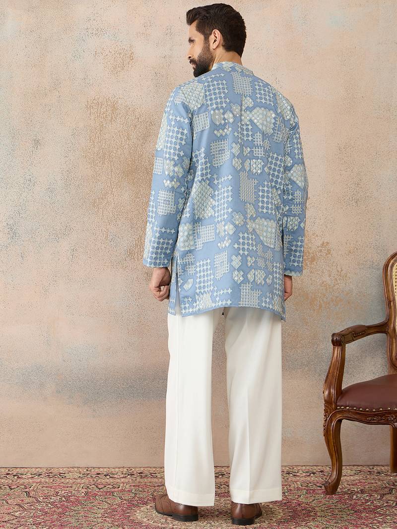 Mens blue silk blend solid embroidered kurta