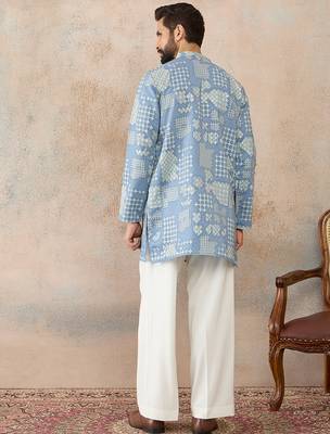 Mens blue silk blend solid embroidered kurta 4