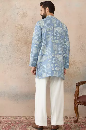 Mens blue silk blend solid embroidered kurta