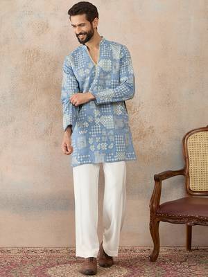 Mens blue silk blend solid embroidered kurta 5