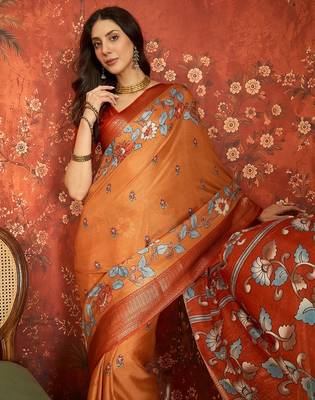 Orange silk cotton printed saree with unstitched blouse piece. 1