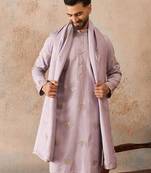 Mens lavender silk blend solid embroidered kurta with dupatta