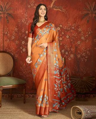 Orange silk cotton printed saree with unstitched blouse piece. 2
