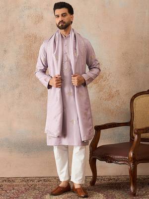 Mens lavender silk blend solid embroidered kurta with dupatta 2