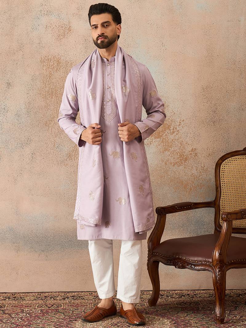 Mens lavender silk blend solid embroidered kurta with dupatta