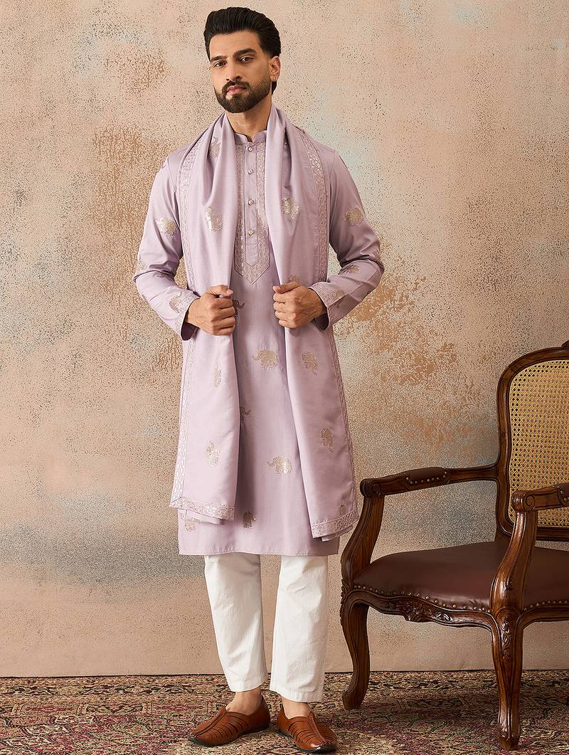 Mens lavender silk blend solid embroidered kurta with dupatta