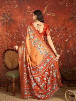 Orange silk cotton printed saree with unstitched blouse piece. 3