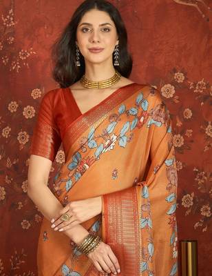 Orange silk cotton printed saree with unstitched blouse piece. 4