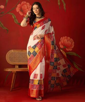 Cream silk cotton bandhni saree with unstitched blouse piece. 2