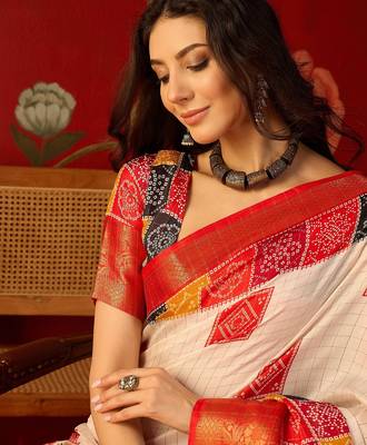 Cream silk cotton bandhni saree with unstitched blouse piece. 3