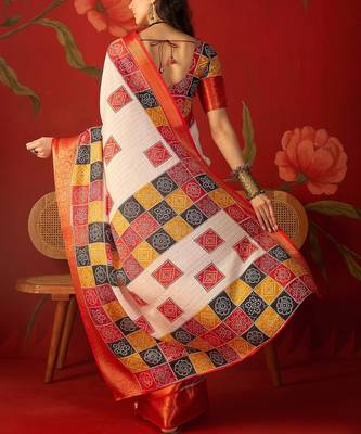 Cream silk cotton bandhni saree with unstitched blouse piece. 4
