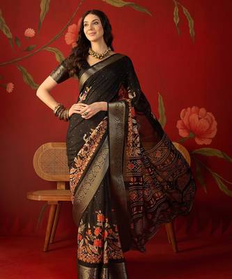 Black chiffon printed saree with unstitched blouse piece. 2