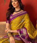 Mehndi silk cotton printed saree with unstitched blouse piece.